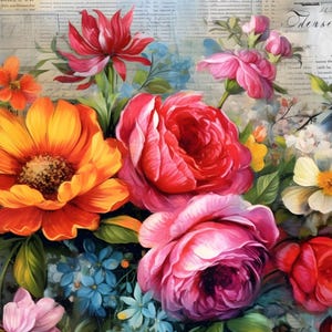 May include: A vibrant floral arrangement featuring large orange, red, and pink blossoms set against a background of vintage-style script and newspaper text. The composition includes green leaves, small blue flowers, and white petals.
