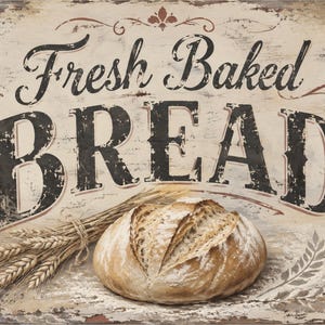 May include: A rectangular wall sign with a distressed cream and brown finish featuring the text Fresh Baked BREAD in black lettering. A bundle of dried wheat stalks and a round loaf of crusty bread are illustrated at the bottom center.