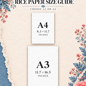 May include: A textured and torn rice paper size guide featuring floral accents. The text reads: TEXTURED & TORN RICE PAPER SIZE GUIDE, CHOOSE A3 OR A4. Two white rectangles are labeled A4 (8.3 x 11.7 inches) and A3 (11.7 x 16.5 inches).