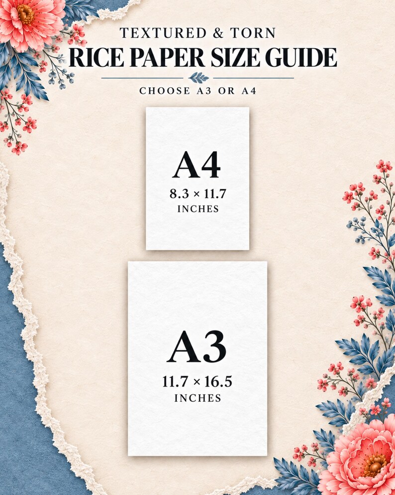 May include: A textured and torn rice paper size guide featuring floral accents. The text reads: TEXTURED & TORN RICE PAPER SIZE GUIDE, CHOOSE A3 OR A4. Two white rectangles are labeled A4 (8.3 x 11.7 inches) and A3 (11.7 x 16.5 inches).