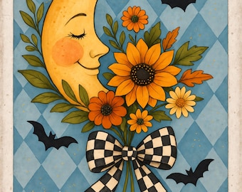 Halloween Moon Bouquet Rice Paper: Teal Harlequin Decoupage Sheet (A4)