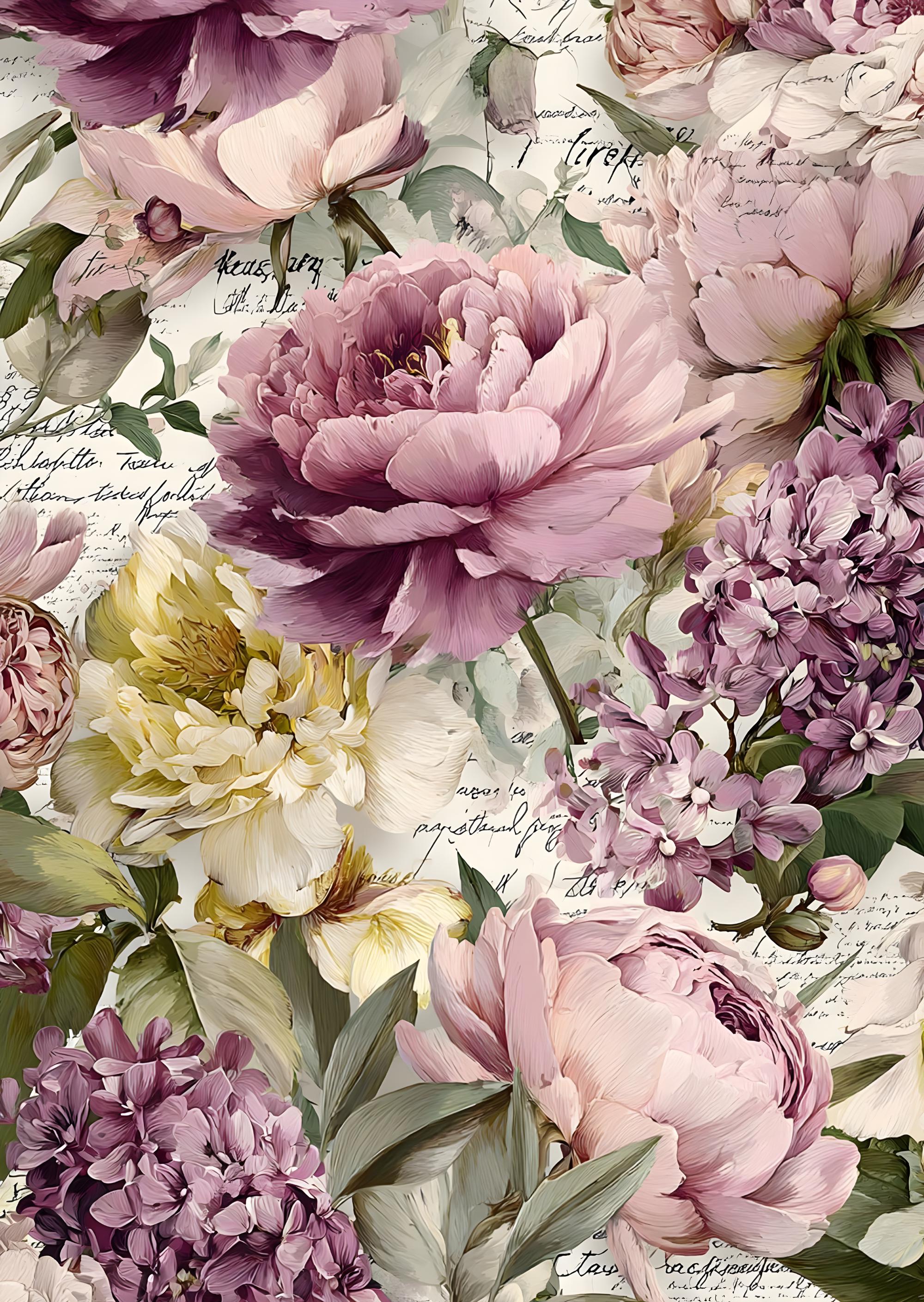 Peony Rice Paper Floral Rice Paper for Decoupage: Peony & Script A4 Sheet - Etsy