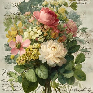 Vintage Floral Rice Paper for Decoupage: Botanical Script, A4 Collage Art