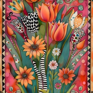 May include: A rectangular art print featuring a vibrant floral arrangement with orange tulips, sunflowers, and daisies against a pink background. The composition includes patterned flowers with black and white checks, stripes, and dots, framed by a geometric border.
