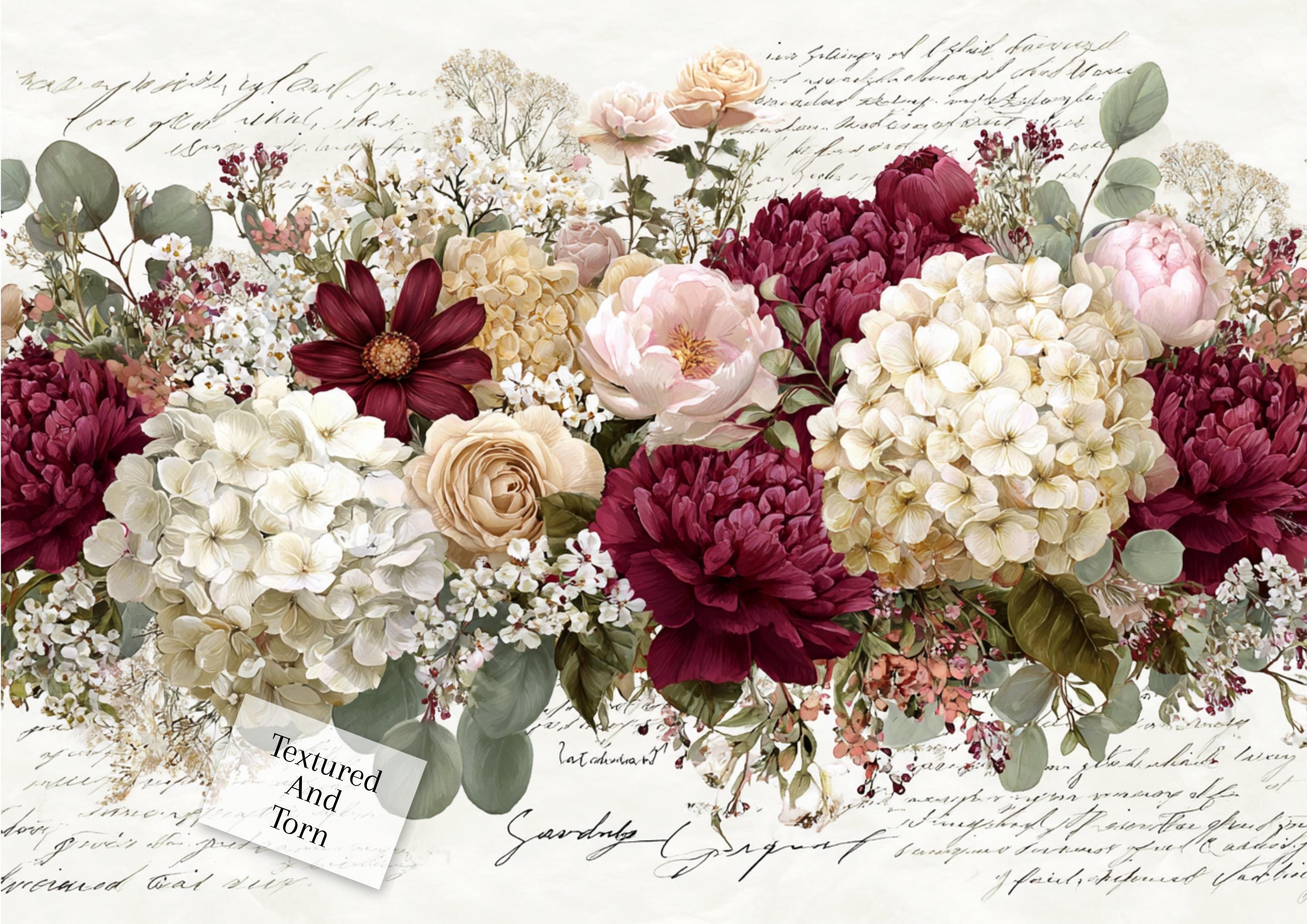Hydrangea Rice Paper Burgundy Peony Hydrangea Rice Paper: A4 Floral Decoupage Paper - Etsy