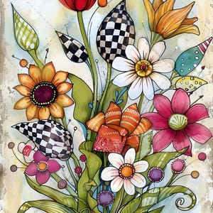 May include: A vibrant illustration of a floral bouquet featuring a red tulip, a yellow lily, a sunflower, and white daisies. The composition includes whimsical elements like black and white checkered teardrop shapes, patterned leaves, and small colorful spheres.