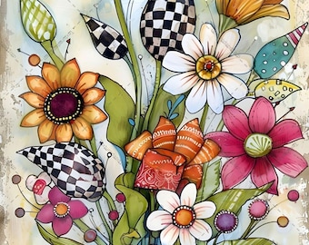 May include: A vibrant illustration of a floral bouquet featuring a red tulip, a yellow lily, a sunflower, and white daisies. The composition includes whimsical elements like black and white checkered teardrop shapes, patterned leaves, and small colorful spheres.