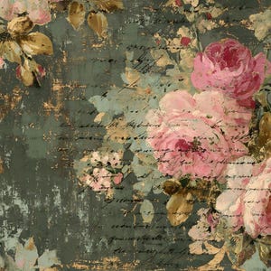 May include: A decorative surface featuring a dark sage green background with a distressed texture, layered with pink rose clusters, muted green foliage, gold leaf accents, and faint, overlapping cursive handwriting in black ink.