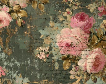 Large Vintage Rose Bouquet Distressed Green French Script, Shabby Chic Floral A3 Decoupage Sheet