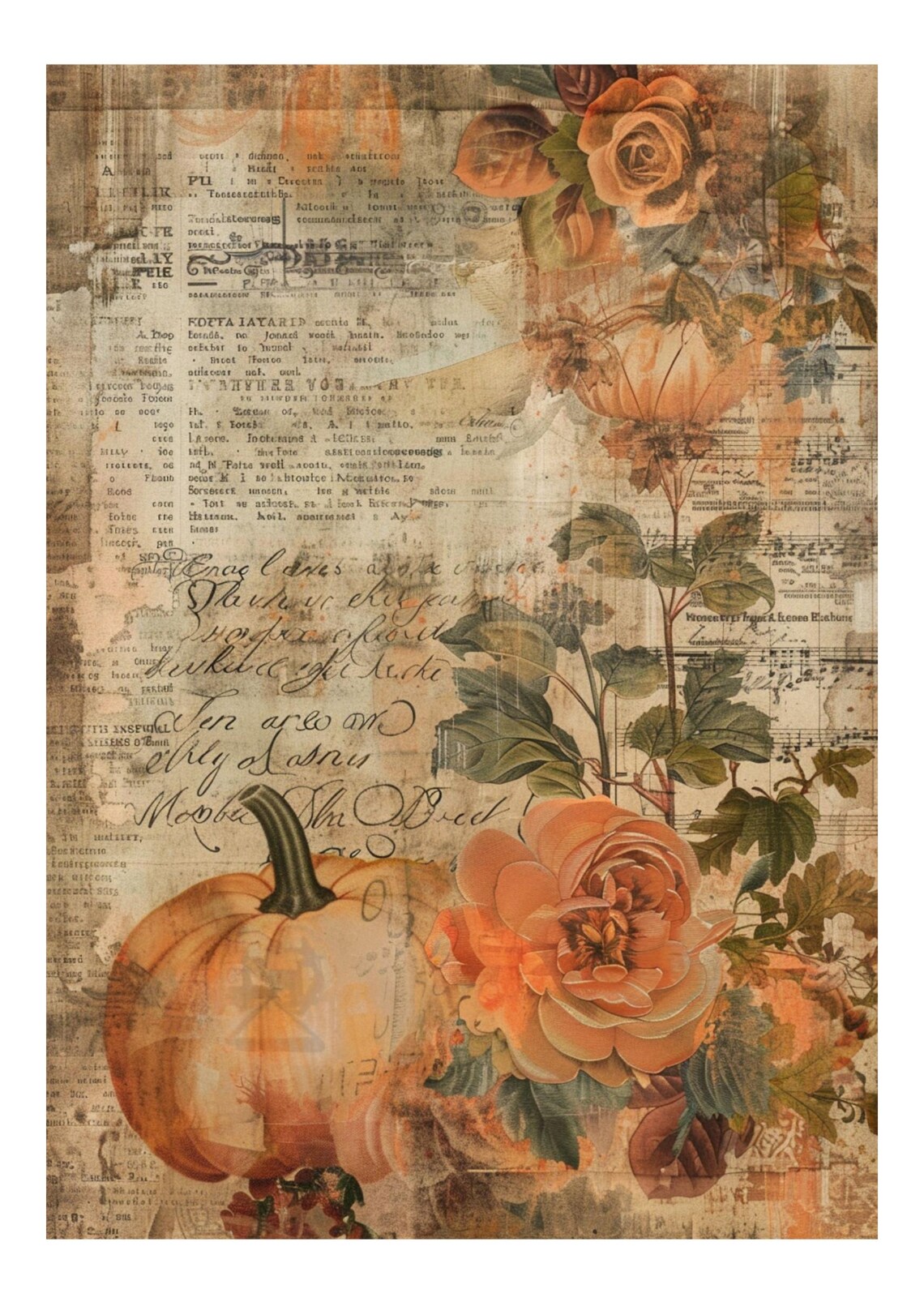 Vintage Pumpkin Rose Rice Paper: Fall Ephemera Collage Sheet (A4 ...