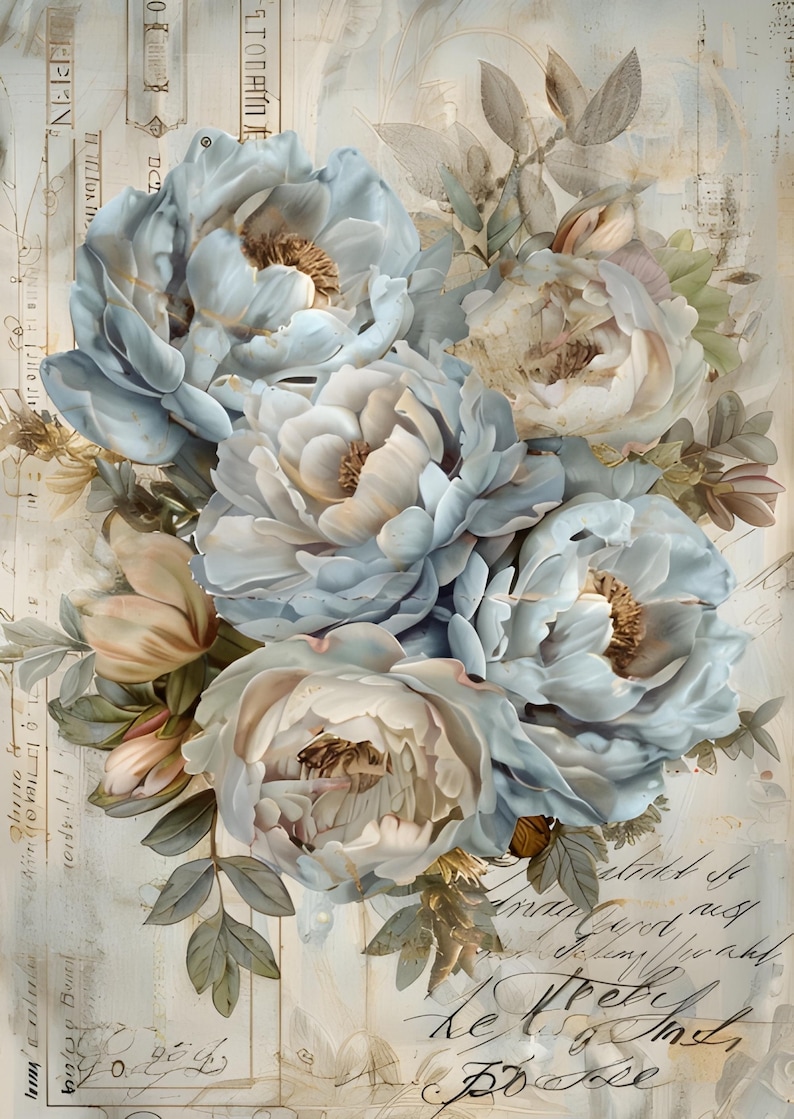 Peony Rice Paper Blue Peony Rice Paper for Decoupage Vintage Floral A4 Sheet - Etsy
