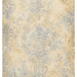 May include: A rectangular sheet of paper featuring a faded beige background with a repeating blue damask pattern, overlaid with faint, cursive handwritten script and subtle botanical leaf illustrations in a distressed, aged aesthetic.