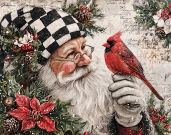 May include: A festive illustration of Santa Claus wearing a black and white checkered hat, spectacles, and a long white beard. A bright red cardinal bird perches on a gloved hand. The scene is decorated with green holly, pine cones, and red poinsettias.