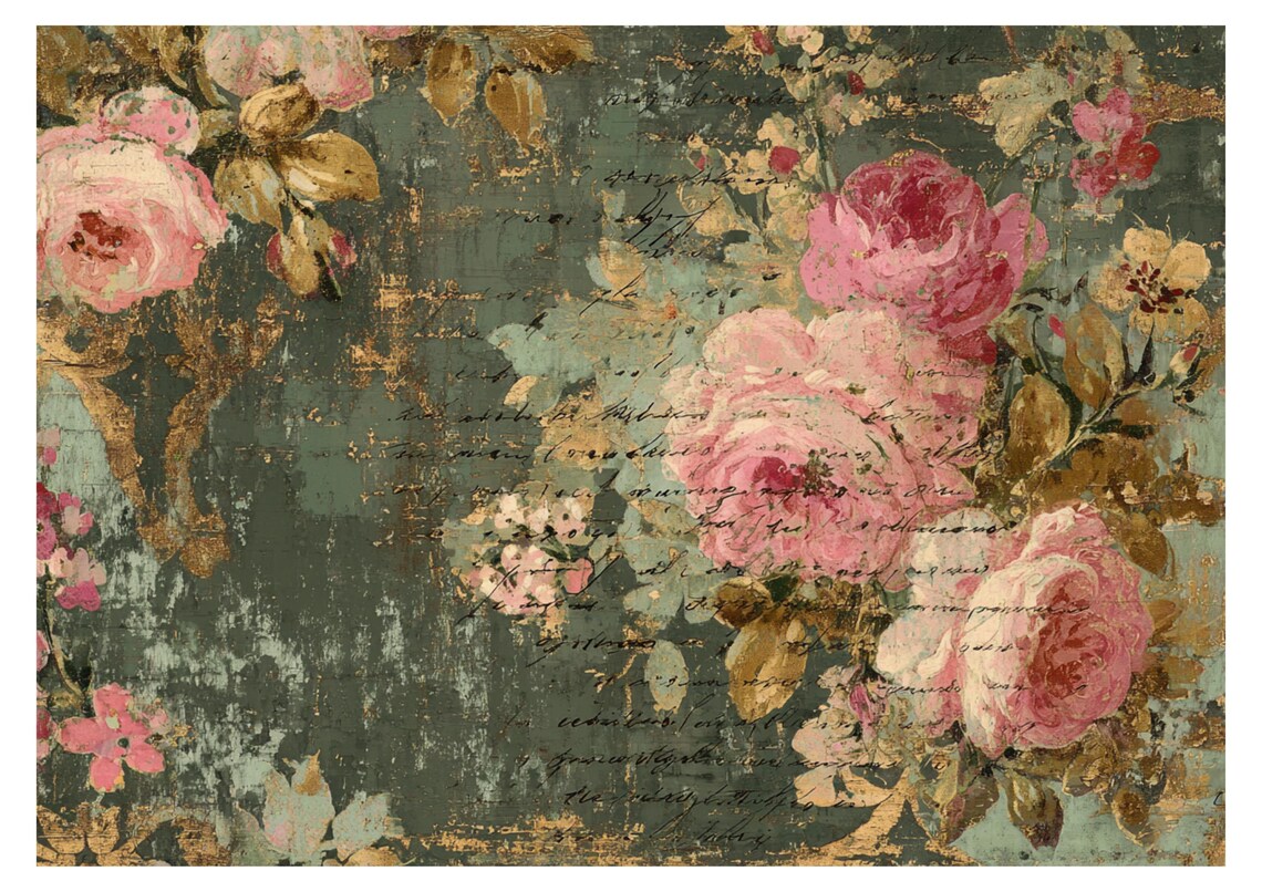 Rustic Roses Cardstock Vintage Roses Rice Paper Distressed Green Script, Shabby Chic Floral A4 ...
