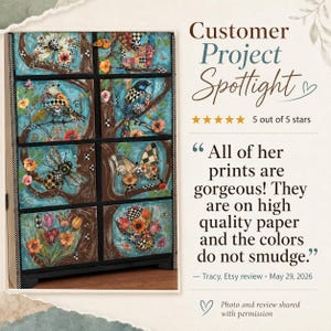 May include: A wooden cabinet with eight drawers, each featuring colorful mixed-media art of birds, butterflies, bees, and flowers on a teal background. Text reads: Customer Project Spotlight, 5 out of 5 stars, All of her prints are gorgeous!