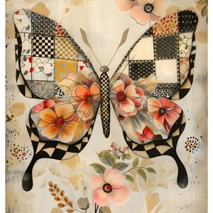 Puede incluir: Una obra de arte decorativa de una mariposa con un dise&ntilde;o de patchwork en sus alas, con patrones de cuadros blancos y negros, motivos florales y flores naranjas y rosas. La obra de arte tiene un fondo color crema con acentos florales.