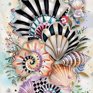 Whimsical Seashell Rice Paper for Decoupage, A4 Ocean Shells with Checkered Accents, Beach Junk Journal Coastal Craft Paper