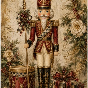 May include: A decorative nutcracker figure wearing a red and gold uniform with a tall hat, holding a tall staff. The figure stands beside a red drum, a wrapped gift box, and several ornaments, all set against a vintage-style floral background.