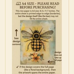 Puede incluir: Papel de arroz tama&ntilde;o A4 con un dise&ntilde;o de abeja. El papel mide 21 x 29,7 cm. La imagen incluye el texto "A4 SIZE - PLEASE READ BEFORE PURCHASING!" y detalles sobre la cobertura del dise&ntilde;o.