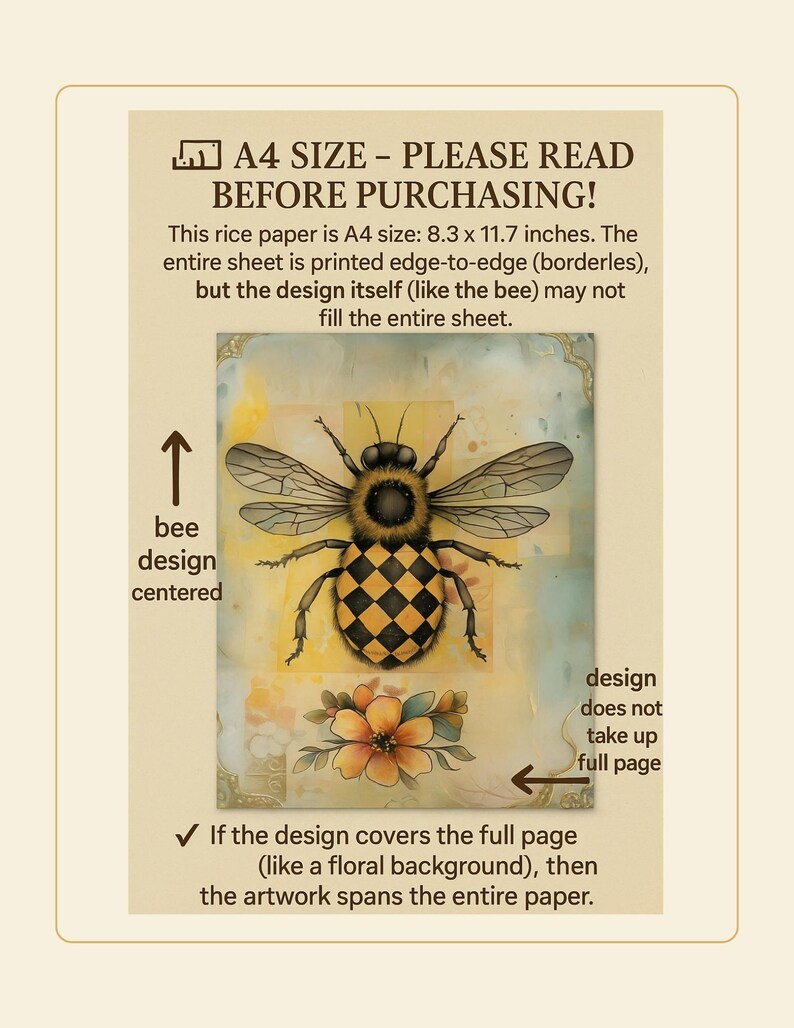 Puede incluir: Papel de arroz tama&ntilde;o A4 con un dise&ntilde;o de abeja. El papel mide 21 x 29,7 cm. La imagen incluye el texto "A4 SIZE - PLEASE READ BEFORE PURCHASING!" y detalles sobre la cobertura del dise&ntilde;o.