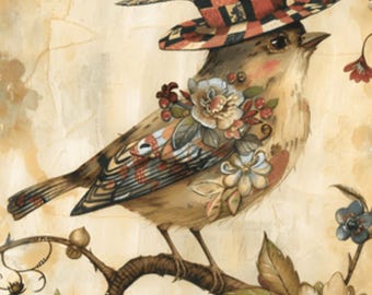 Whimsical Fall Bird Rice Paper Vintage Ephemera for Decoupage A4 Sheet