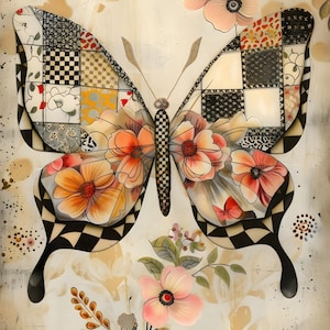 Puede incluir: Una vibrante obra de arte de mariposa con alas de retazos y detalles florales. Las alas presentan una mezcla de patrones, incluyendo cuadros y dise&ntilde;os florales, con un borde a cuadros blanco y negro. El cuerpo de la mariposa es a cuadros, y la obra incluye flores rosas.