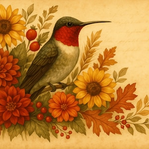 Hummingbird Rice Paper for Decoupage, Fall Sunflower Dahlia Flowers A4 Landscape Sheet