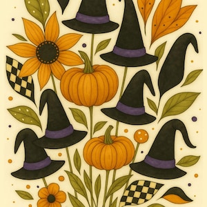 May include: A whimsical illustration featuring black witch hats with purple bands, orange pumpkins, sunflowers, and fall leaves. The artwork has a vintage, hand-drawn style, perfect for Halloween or autumn-themed decor.