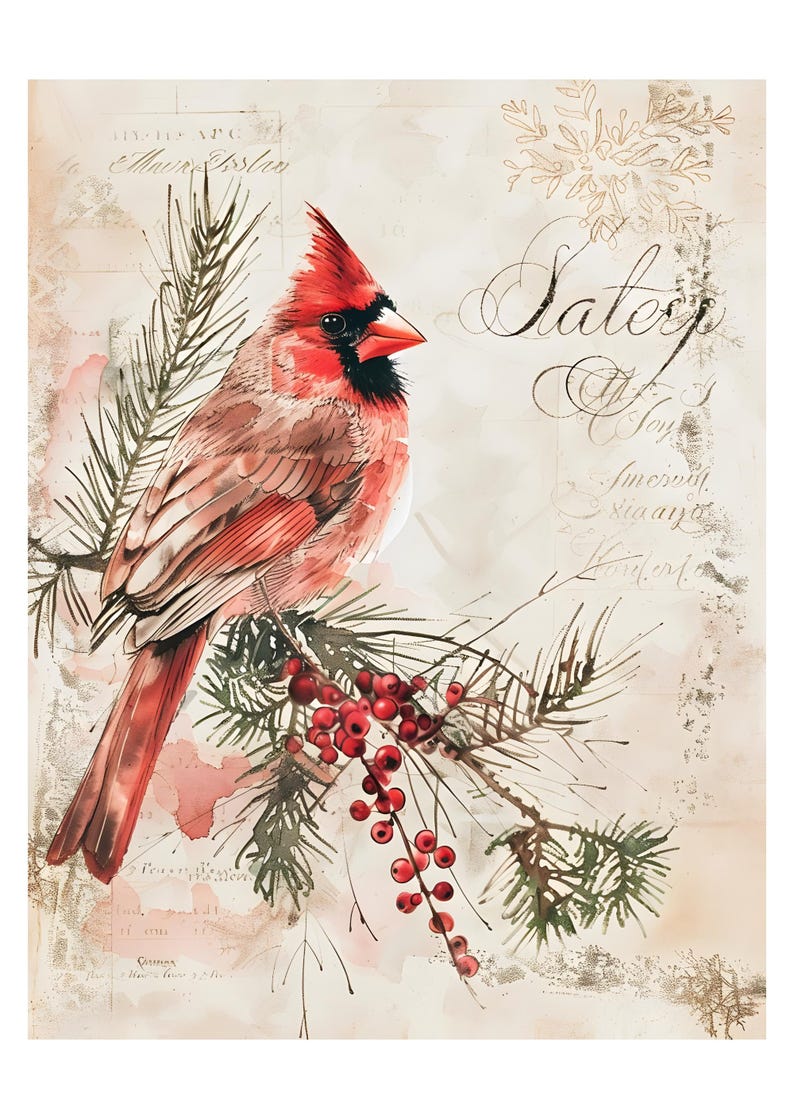 K&ouml;nnte beinhalten: Ein leuchtend roter Kardinalvogel, der auf einem Kiefernzweig mit roten Beeren sitzt. Der Hintergrund zeigt eine cremefarbene Pergamentstruktur mit blasser, eleganter Schreibschrift und dekorativen botanischen Linien in einem sanften Braun.