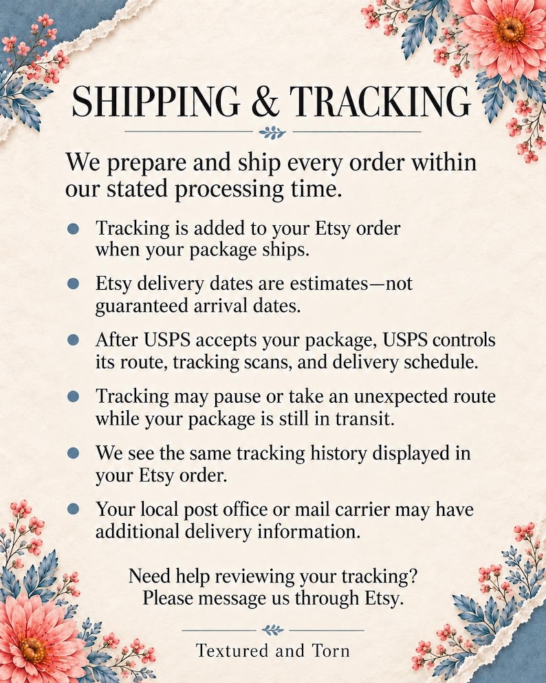 May include: An informational card with a cream-colored background, blue torn-paper edges, and pink floral accents. The text reads: SHIPPING & TRACKING, followed by six bullet points explaining order processing, tracking updates, and delivery estimates.
