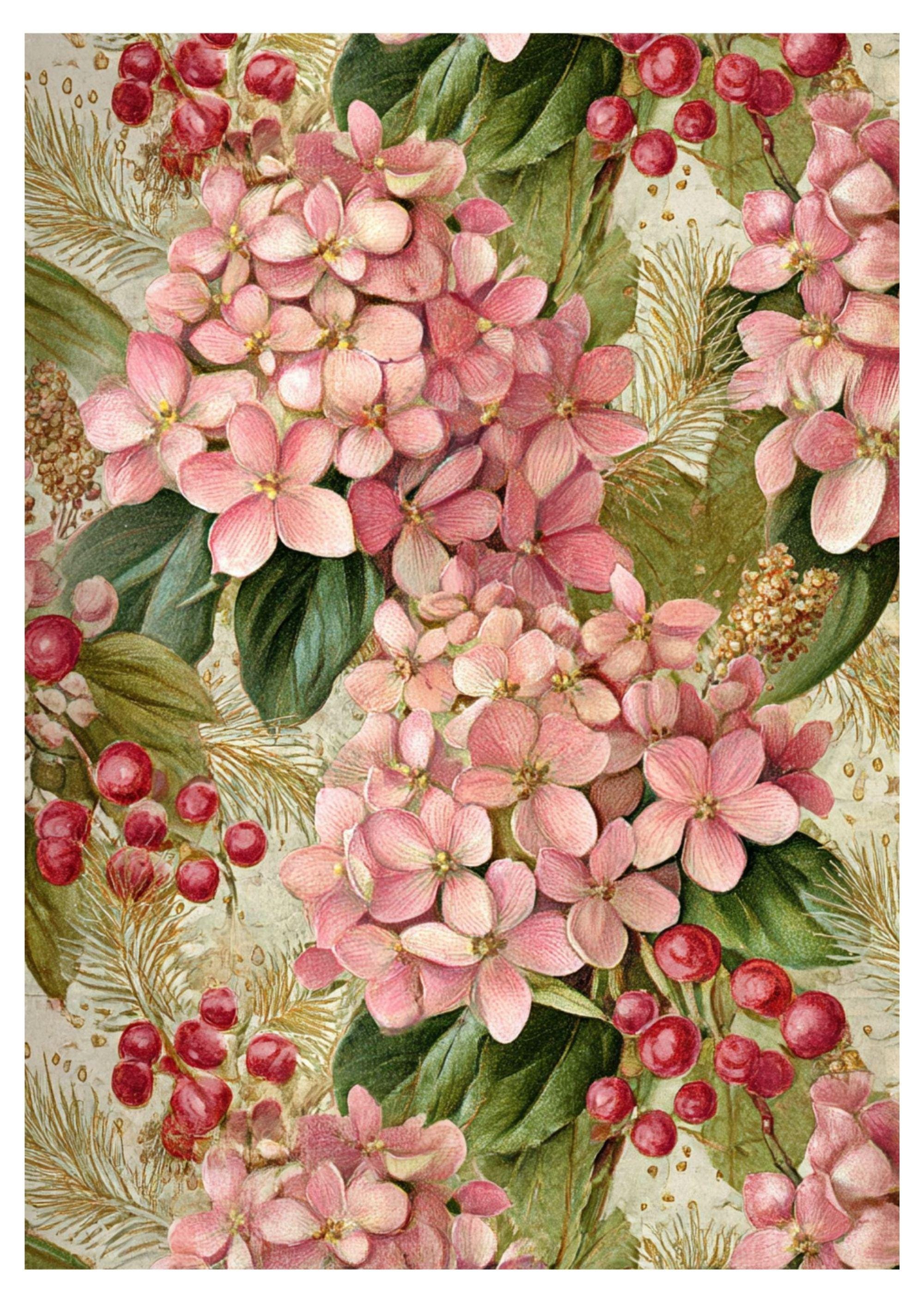 Hydrangea Rice Paper Christmas Floral Rice Paper A4: Pink Hydrangea, Holly, Pine Decoupage ...