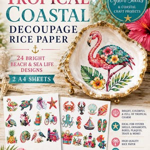 May include: Two A4 sheets of decoupage rice paper featuring 24 bright beach and sea life designs, including a flamingo, turtle, crab, and lighthouse. The set is labeled Tropical Coastal Decoupage Rice Paper by Textured and Torn.