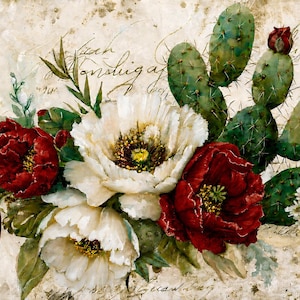 May include: A botanical art print featuring a cluster of deep red and white poppy flowers arranged alongside green prickly pear cactus pads. The composition is set against a textured, cream-colored background with faint, elegant cursive script.