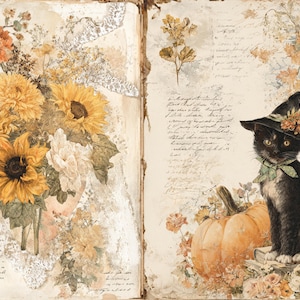 May include: Vintage-style illustration featuring a black cat wearing a witch hat, sitting next to a pumpkin. A bouquet of sunflowers and other flowers is on the left. The background has aged paper with script.
