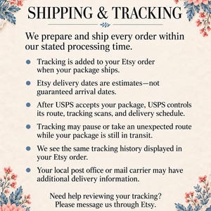 May include: An informational card with a cream-colored background, blue torn-paper edges, and pink floral accents. The text reads: SHIPPING & TRACKING, followed by six bullet points explaining order processing, tracking updates, and delivery estimates.