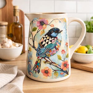 May include: A cream-colored ceramic pitcher featuring a vibrant, multi-colored illustration of a bird perched on a branch surrounded by flowers. The bird has geometric patterns on its wings and tail, rendered in shades of blue, orange, and black.