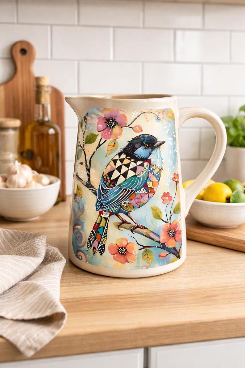 May include: A cream-colored ceramic pitcher featuring a vibrant, multi-colored illustration of a bird perched on a branch surrounded by flowers. The bird has geometric patterns on its wings and tail, rendered in shades of blue, orange, and black.
