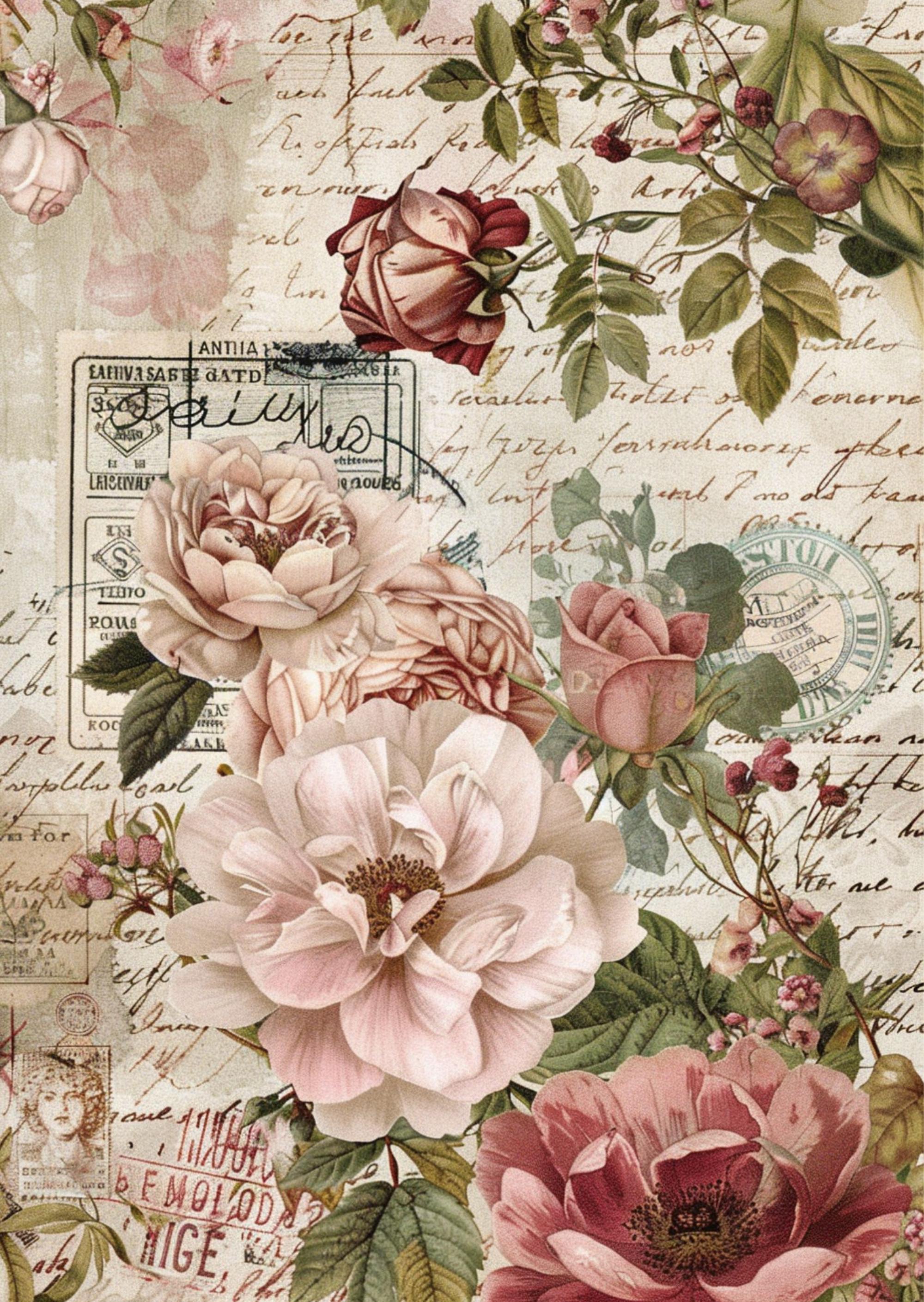 Rose Script Rice Paper: A4 Floral Decoupage Sheet - Etsy