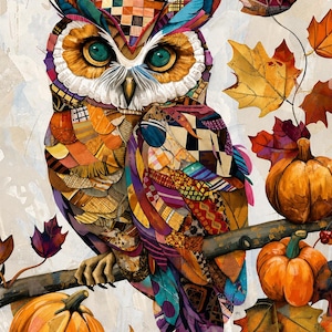 May include: A colorful owl illustration featuring a patchwork pattern of orange, purple, blue, and yellow textures. The owl sits on a branch surrounded by orange pumpkins and autumn leaves in shades of red, yellow, and brown against a light background.