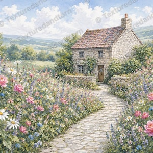 May include: A watercolor painting of a stone cottage with a tiled roof, situated at the end of a cobblestone path. The scene is surrounded by a vibrant garden filled with pink roses, white daisies, and blue wildflowers under a cloudy sky.