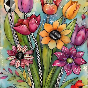 May include: A vibrant digital illustration of a bouquet featuring various stylized flowers including tulips, a sunflower, and daisies. The stems are patterned with black and white checkered designs, set against a soft, multi-colored pastel background.