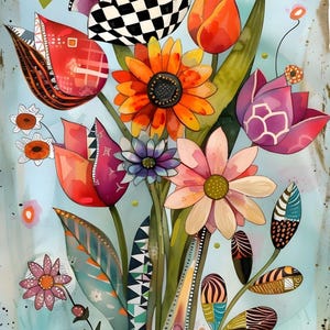 May include: A vibrant floral illustration featuring a variety of stylized flowers including a black and white checkered tulip, orange sunflowers, and pink blossoms. The artwork uses bold colors, geometric patterns, and green stems on a light blue background.