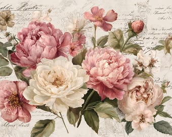 May include: A floral print featuring a bouquet of pink and white peonies with green leaves against a background of vintage-style cursive script text. The composition includes several large, layered peony blossoms in varying shades of rose and cream.