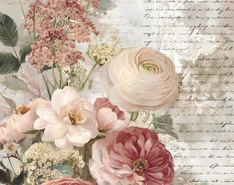 Pink Floral Rice Paper for Decoupage A4 Vintage Rose Botanical Script Collage