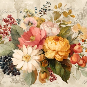 Rice paper vintage floral bouquet script A4 decoupage sheet