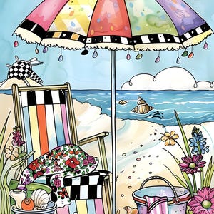 Beach Umbrella Rice Paper for Decoupage, A4 Coastal Chair & Floral Towel Scene, Summer Ocean Craft Paper for Junk Journals