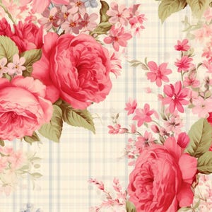Vintage Floral Rice Paper: Pink Rose Plaid Decoupage Sheet