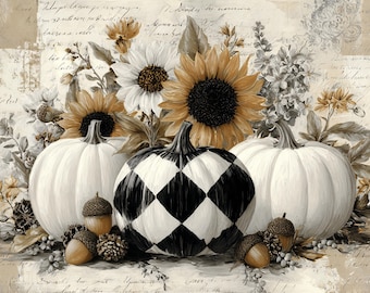 May include: A decorative art print featuring two white pumpkins and one central pumpkin with a black and white checkered pattern. The arrangement includes yellow sunflowers, small acorns, and pinecones against a background of vintage script.