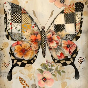Puede incluir: Una vibrante obra de arte de mariposa con alas de retazos y detalles florales. Las alas presentan una mezcla de patrones, incluyendo cuadros y dise&ntilde;os florales, con un borde a cuadros blanco y negro. El cuerpo de la mariposa es a cuadros, y la obra incluye flores rosas.