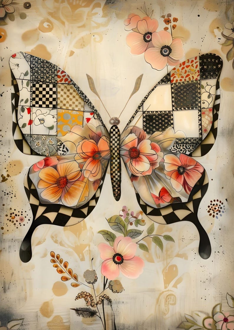 Puede incluir: Una vibrante obra de arte de mariposa con alas de retazos y detalles florales. Las alas presentan una mezcla de patrones, incluyendo cuadros y dise&ntilde;os florales, con un borde a cuadros blanco y negro. El cuerpo de la mariposa es a cuadros, y la obra incluye flores rosas.